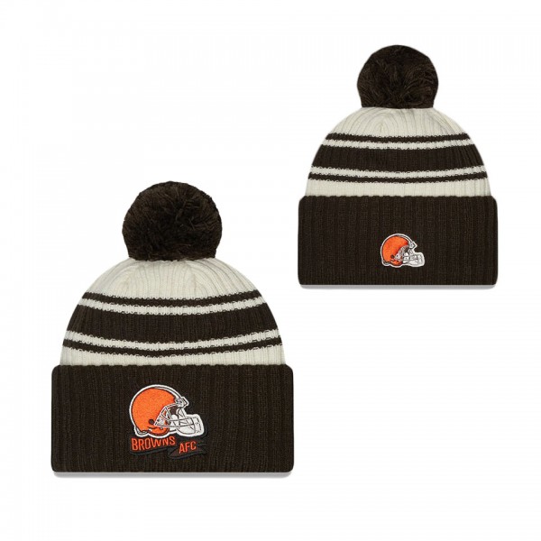 Men's Cleveland Browns Cream Brown 2022 Sideline Sport Cuffed Pom Knit Hat